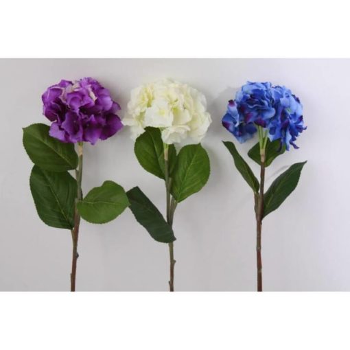 Selyemből készült, 76 cm hosszú, lila, fehér, kék színű hortenzia virág