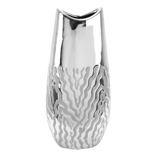Ezüst színű fényes kerámia váza hullámos mintával
