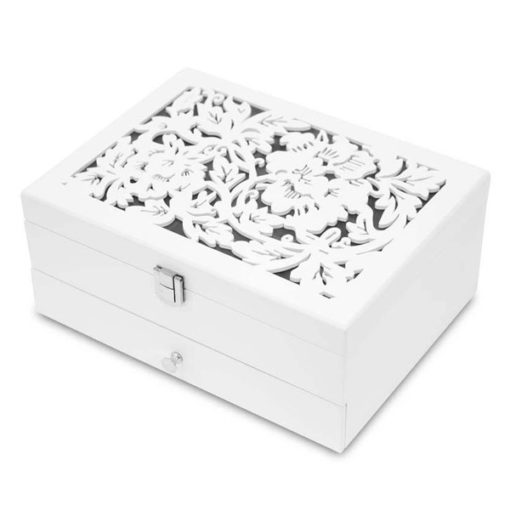 Fehér fa ékszertartó doboz egy fiókkal, üveg tetővel faragott virág mintával