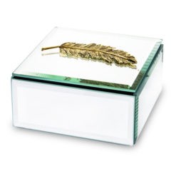 Exkluzív tükör üveg ékszertartó doboz arany madártoll díszítéssel, mérete: 6x12x12cm