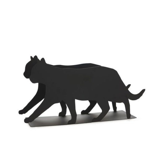 Fekete színű fém sétáló cica formájú újságtartó