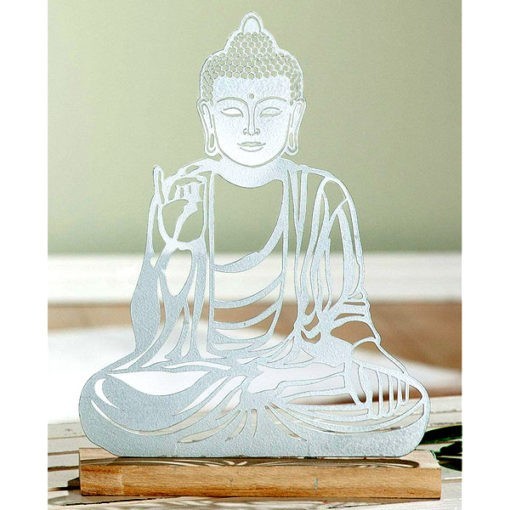 Ezüst színű fém Thai Buddha szobor fa talpon, 29cm