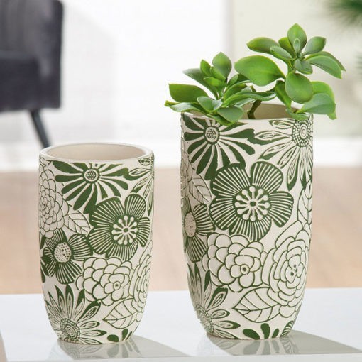 Csodálatos cement virágtartó váza, fehér színben zöld virág mintával 21cm Floral
