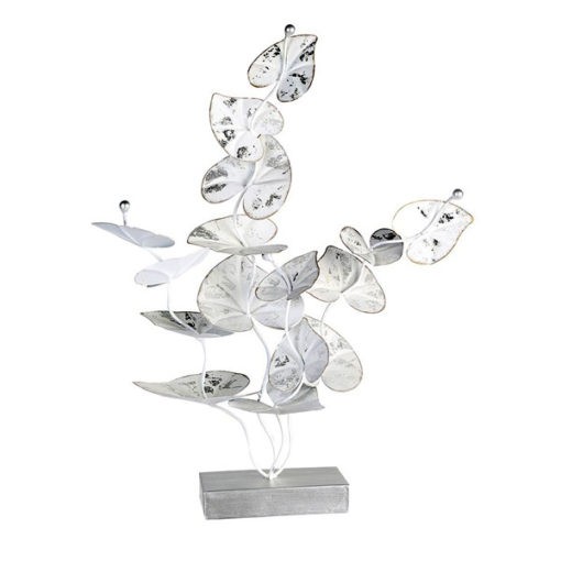 Hatalmas ezüst és fehér színű növény formájú fém szobor talapzaton 55cm Heart Rain