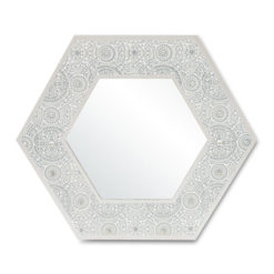 Fehér színű hatszögletű fali tükör faragott virág mintával kulcstartókkal, 40cm