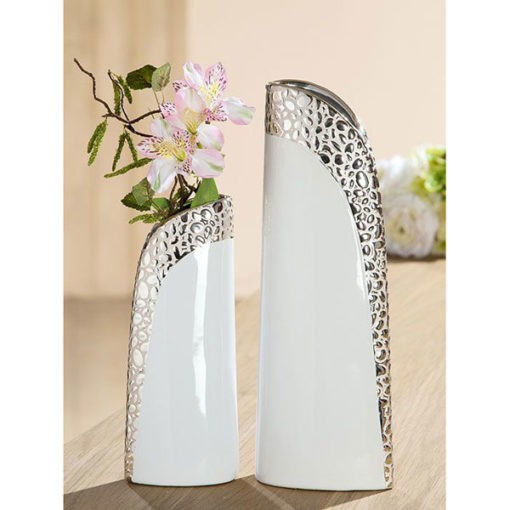 Gyönyörű fehér kerámia váza ezüst mintával 25cm Cerosa