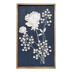 Óriási 47x77cm-es antikolt fehér, színű fém virágcsokor fali dekor fa keretben