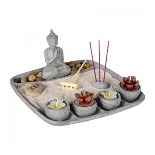 Meditációs Zen kert Buddhával, kövekkel, füstölővel, gyertyákkal