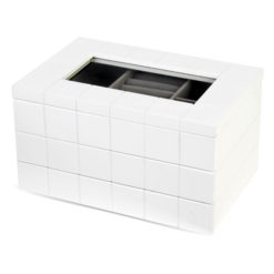 Fehér fa ékszertartó doboz két fiókkal, üveg tetővel modern négyzetes mintával