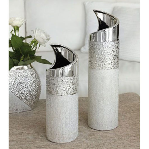 Ezüst színű matt és fényes strukturált felületű kerámia váza 39,5cm Grace