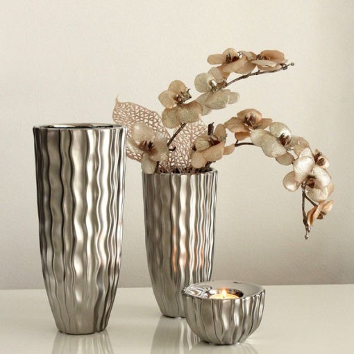 Ezüst színű, csíkos kerámia váza 21cm Cantus