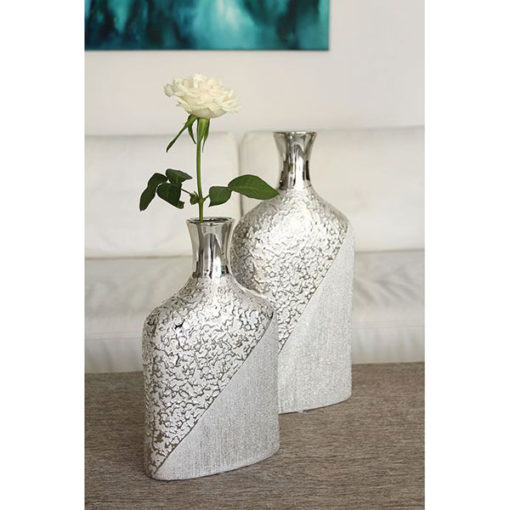 Palack formájú ezüst színű matt és fényes strukturált felületű kerámia váza 30cm Grace