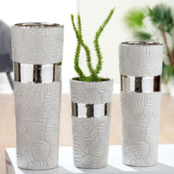 Gyönyörű szürke kerámia váza fényes ezüst betéttel, virágos mintával 25,5cm Ventaglio