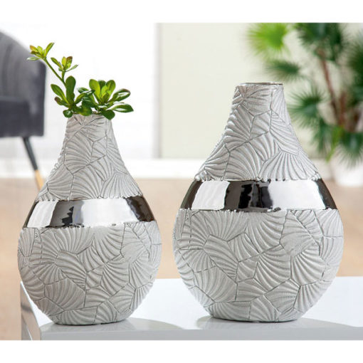 Gyönyörű palack formájú szürke kerámia váza fényes ezüst betéttel, virágos mintával 25cm Ventaglio
