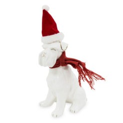 Fehér és arany színű ülő kutya szobor, piros sállal és sapkával 20cm