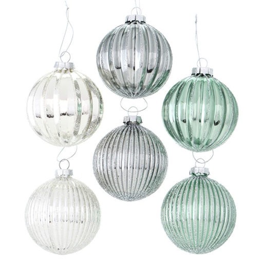 Exkluzív üveg karácsonyfadísz gömb, halványzöld, sötétszürke és ezüst színű, fényes, 8cm, 6db