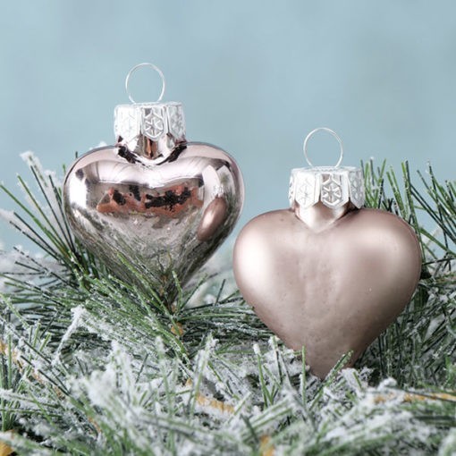 Púder színű fényes és matt szív formájú üveg karácsonyfadísz 4cm 12db