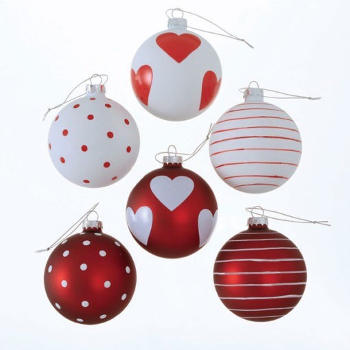 Üveg karácsonyfadísz gömb, piros és fehér, szíves, pöttyös és csíkos mintákkal, 8cm, 6db