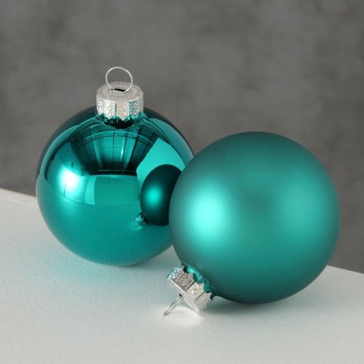 Üveg karácsonyfadísz gömb, türkiz zöld színű, fényes és matt felületű, 6cm, 10db