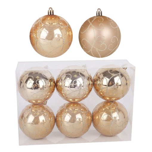 Karácsonyfadísz gömb arany színben, matt és fényes felülettel, inda mintával 7cm 6db