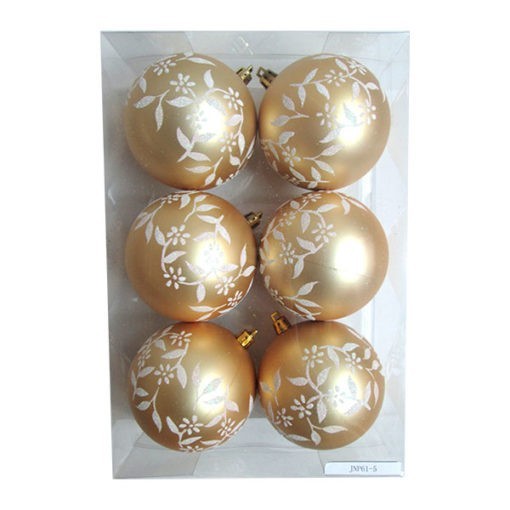 Karácsonyfadísz gömb matt arany színben, virágos mintával, 8cm 6db
