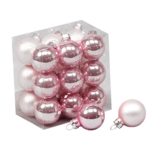 Üveg karácsonyfadísz gömb, rózsaszín színű matt és fényes, 3cm, 18db