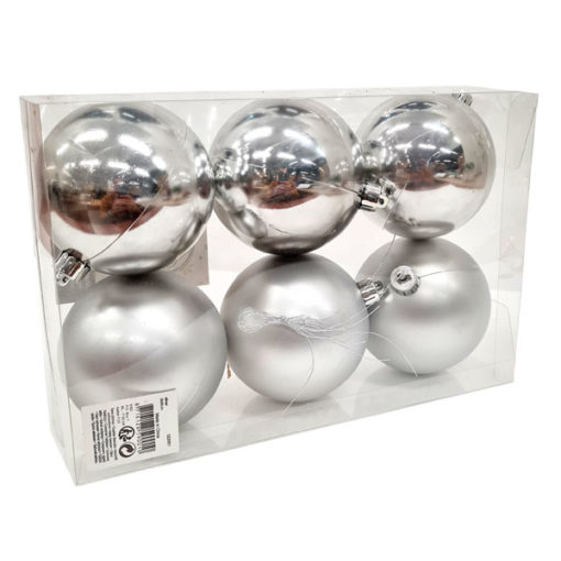 Karácsonyfadísz gömb, ezüst színű, fényes és matt, 8cm 6db