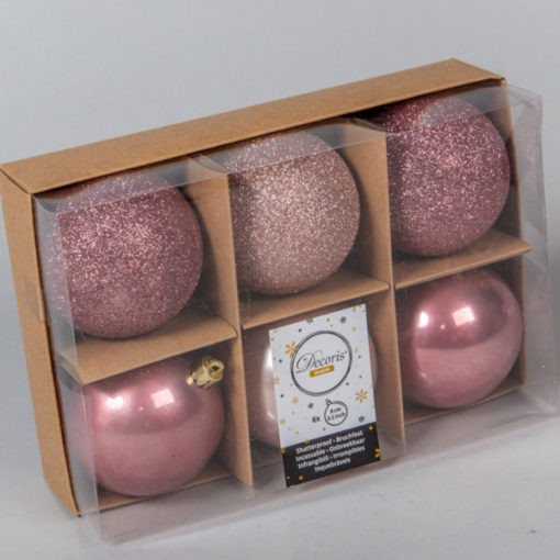Karácsonyfadísz gömb, rózsaszín színű, fényes és matt, 8cm 6db