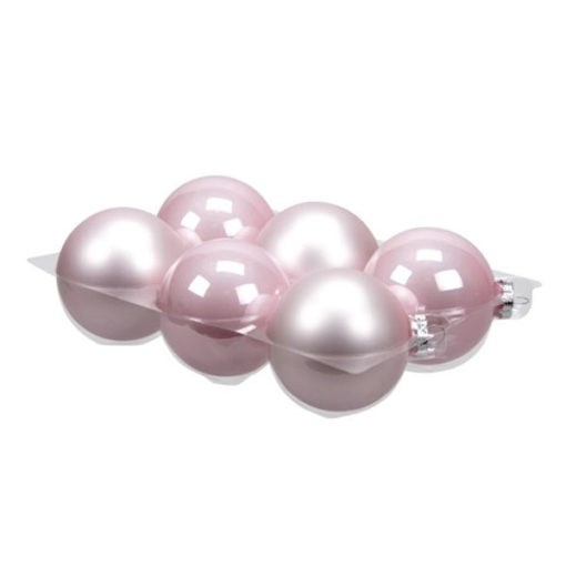Üveg karácsonyfadísz gömb, rózsaszín színű, fényes és matt felületű, 8cm, 6db