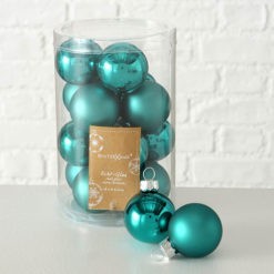 Üveg karácsonyfadísz gömb, türkiz zöld színű, fényes és matt felületű, 3,5cm, 16db
