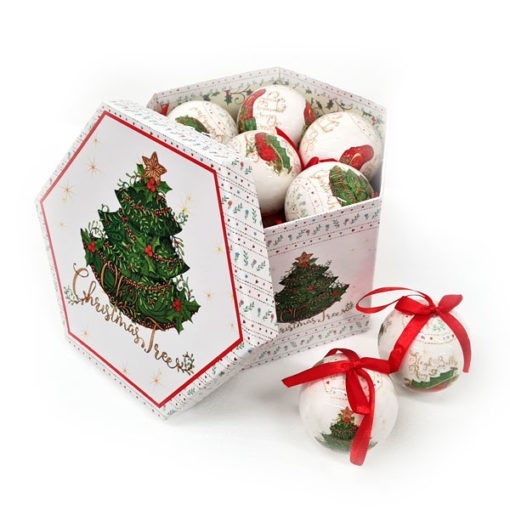 Karácsonyfadísz gömb díszdobozban, zöldes arany karácsonyfa és szán mintás 7,5cm 14db
