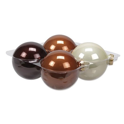 Üveg karácsonyfadísz gömb, barna és krém színű, fényes és matt felületű, 10cm 4db