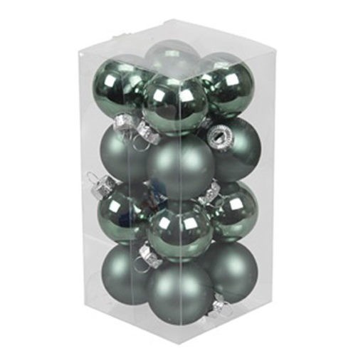 Üveg karácsonyfadísz gömb, zöld színű, fényes és matt felületű, 3,5cm, 16db