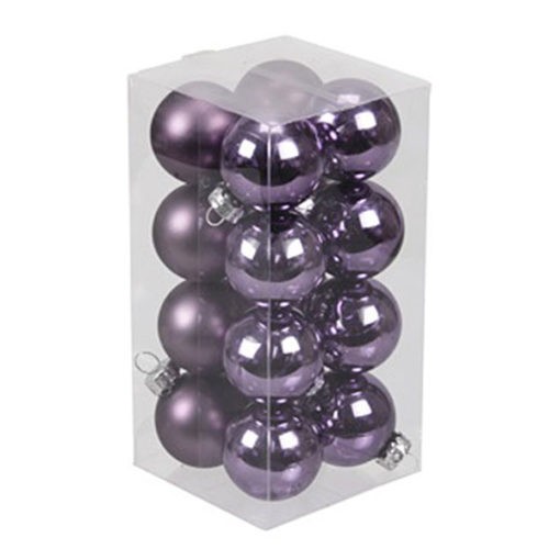 Üveg karácsonyfadísz gömb, lila színű, fényes és matt felületű, 3,5cm, 16db