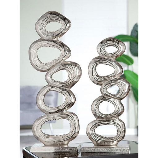 Hatalmas, modern, ezüst színű gyűrűket formázó alumínium szobor, asztali dekoráció, 52cm Rings
