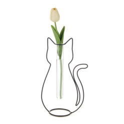 Elegáns fekete színű fém és üveg váza, cicás sziluettel, 34cm