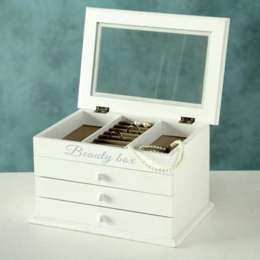 Fehér fa ékszertartó doboz három fiókkal, üveg tetővel Beauty box felirattal