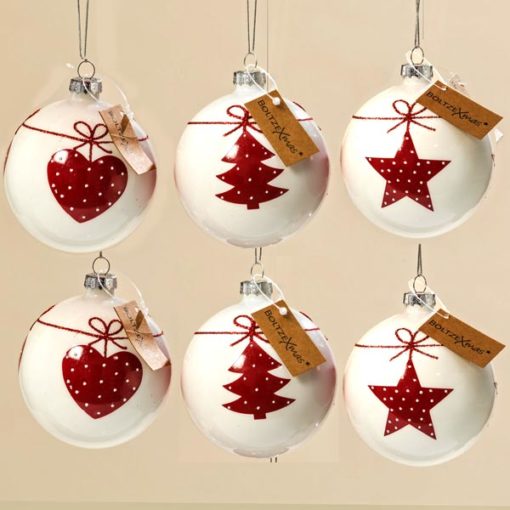 Üveg karácsonyfadísz gömb, piros színben, fehér karácsonyi mintákkal, 8cm, 6db