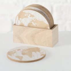 7 részes fa poháralátét szett tartóban, világtérképes mintával, 10cm
