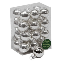 Üveg karácsonyfadísz gömb, ezüst színű, fényes felületű, 2,5cm, 24db