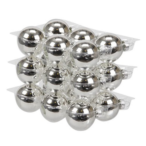 Üveg karácsonyfadísz gömb, ezüst színű, fényes felületű, 4cm, 18db