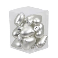 Ezüst színű matt felületű szív formájú üveg karácsonyfadísz 4cm 12db