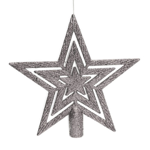 Csillag formájú karácsonyfa csúcsdísz ezüst színű glitteres felülettel, 19cm