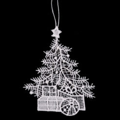 Karácsonyfadísz hófehér csipke fenyőfa ajándékokkal, 11cm