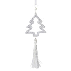 Fenyőfa alakú függődísz csillogó felülettel, ezüst színben, gyöngyökkel, bojttal, 32cm