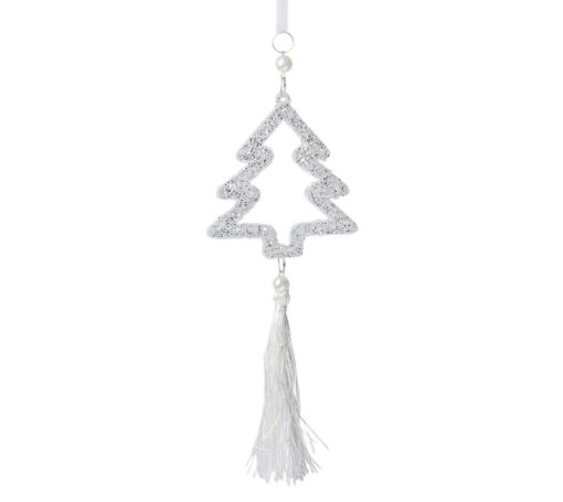 Fenyőfa alakú függődísz csillogó felülettel, ezüst színben, gyöngyökkel, bojttal, 32cm