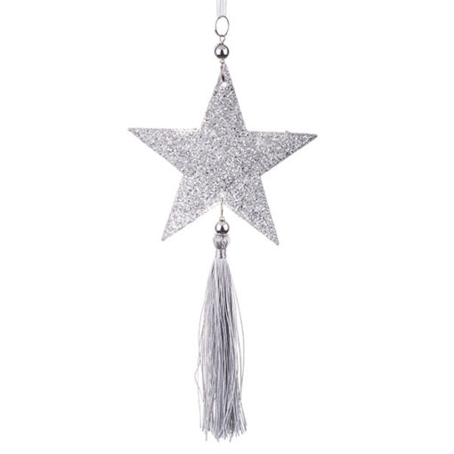 Csillag alakú függődísz csillogó felülettel, ezüst színben, gyöngyökkel, bojttal, 22cm