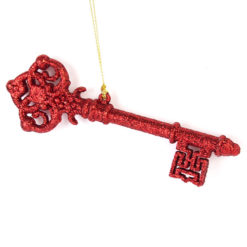 Kulcs alakú függődísz csillámos felülettel, piros színben 10cm