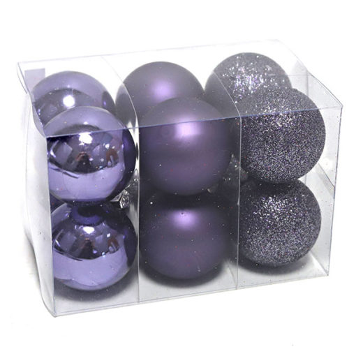 Üveg karácsonyfadísz gömb, csillámos, fényes és matt felülettel, lila színben, 4cm, 12db