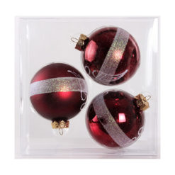 Üveg karácsonyfadísz gömb, fénye és matt bordó színben angyal és szalag díszítéssel, 8cm 3db